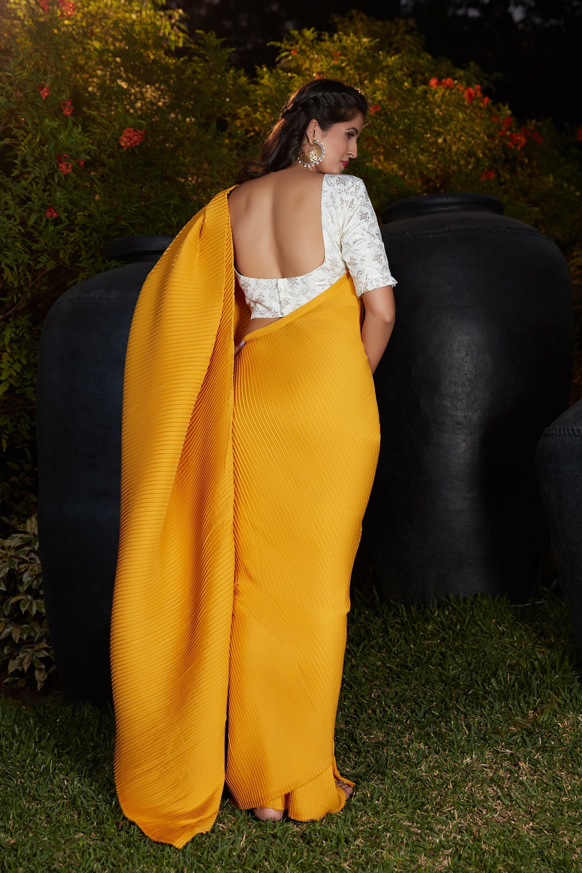 Party Wear Pleated Saree In Yellow Foil Work Silk With Blouse