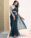 Party Wear Teal Blue Saree With Fancy Thread Sequence Belt & Blouse