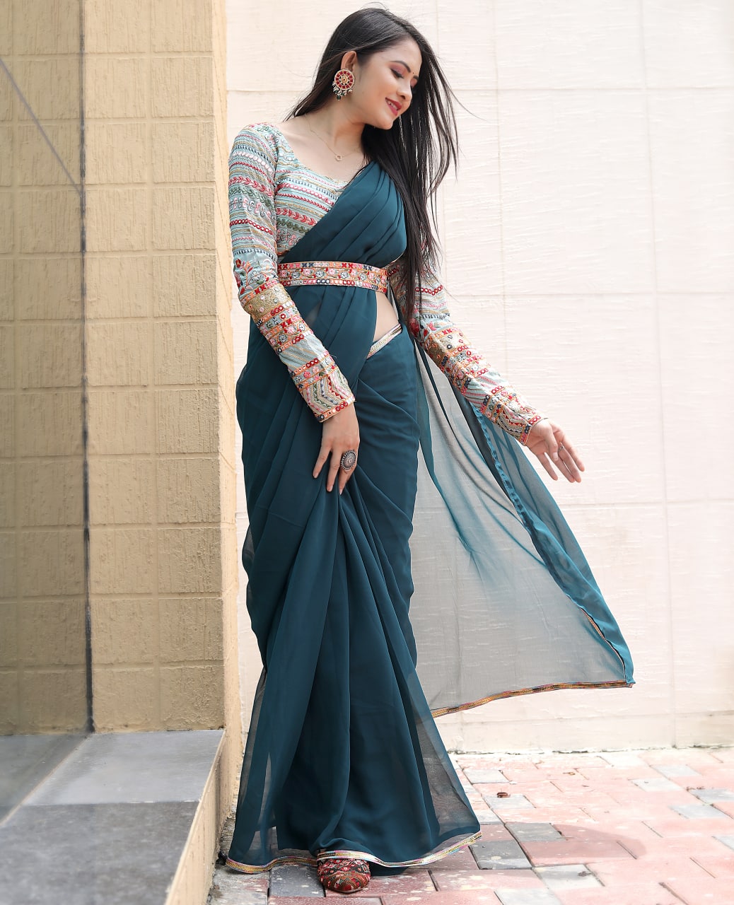 Party Wear Teal Blue Saree With Fancy Thread Sequence Belt & Blouse