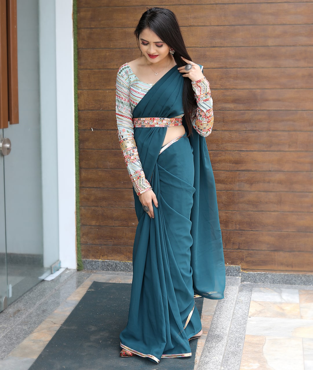 Party Wear Teal Blue Saree With Fancy Thread Sequence Belt & Blouse