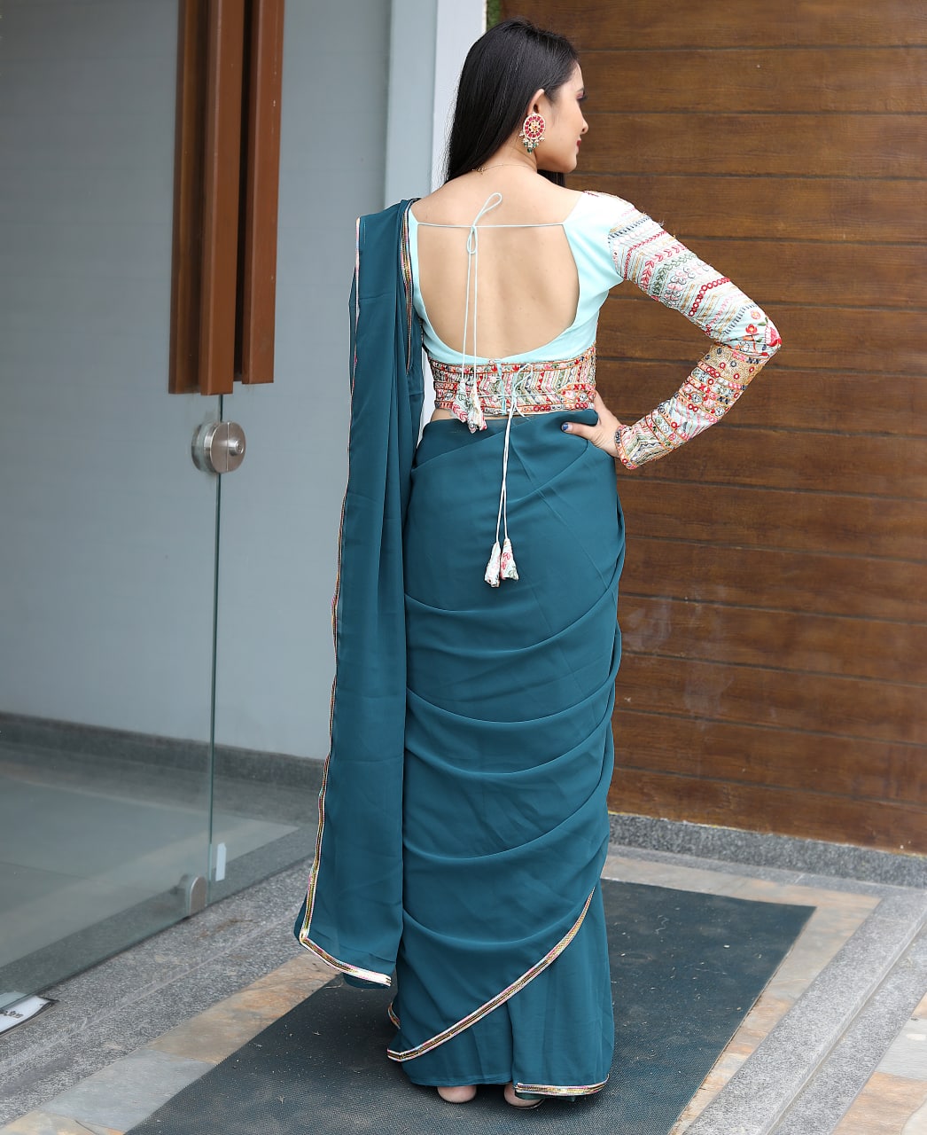 Party Wear Teal Blue Saree With Fancy Thread Sequence Belt & Blouse