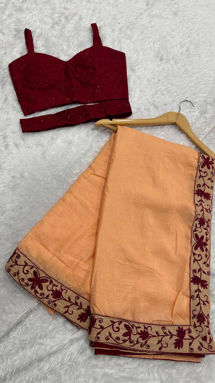 Peach Dolla Silk Saree with Thread & Stone Border and Banglori Satin Blouse