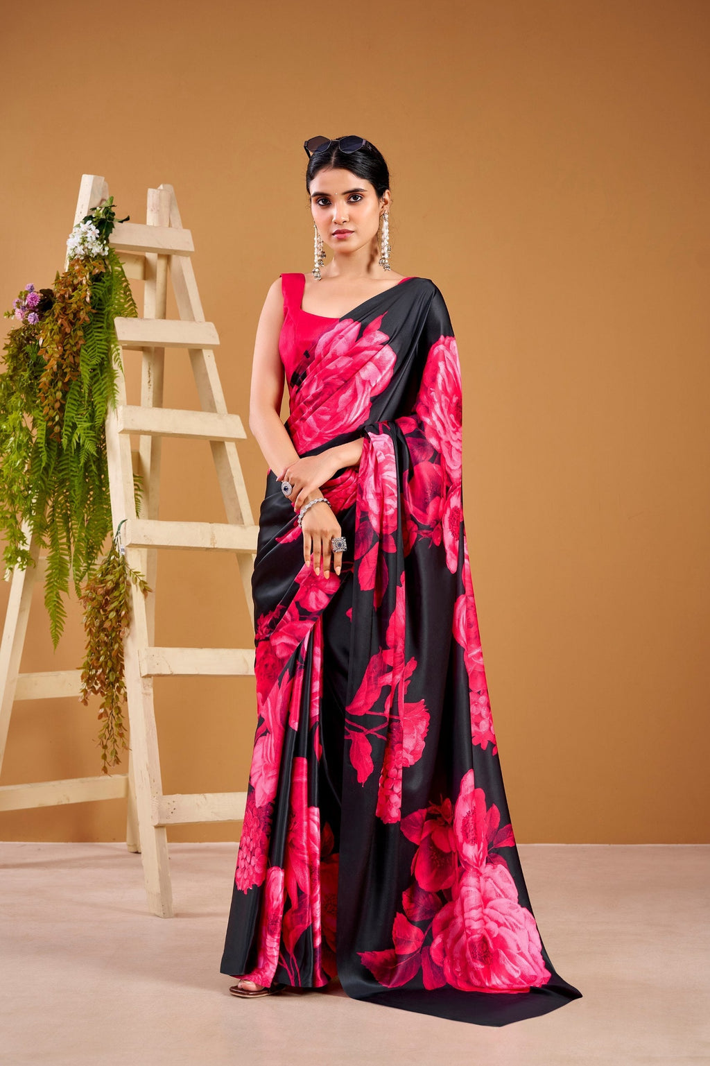 Pink Elegant Floral Print Satin Silk Saree with Plain Banglory Blouse Piece