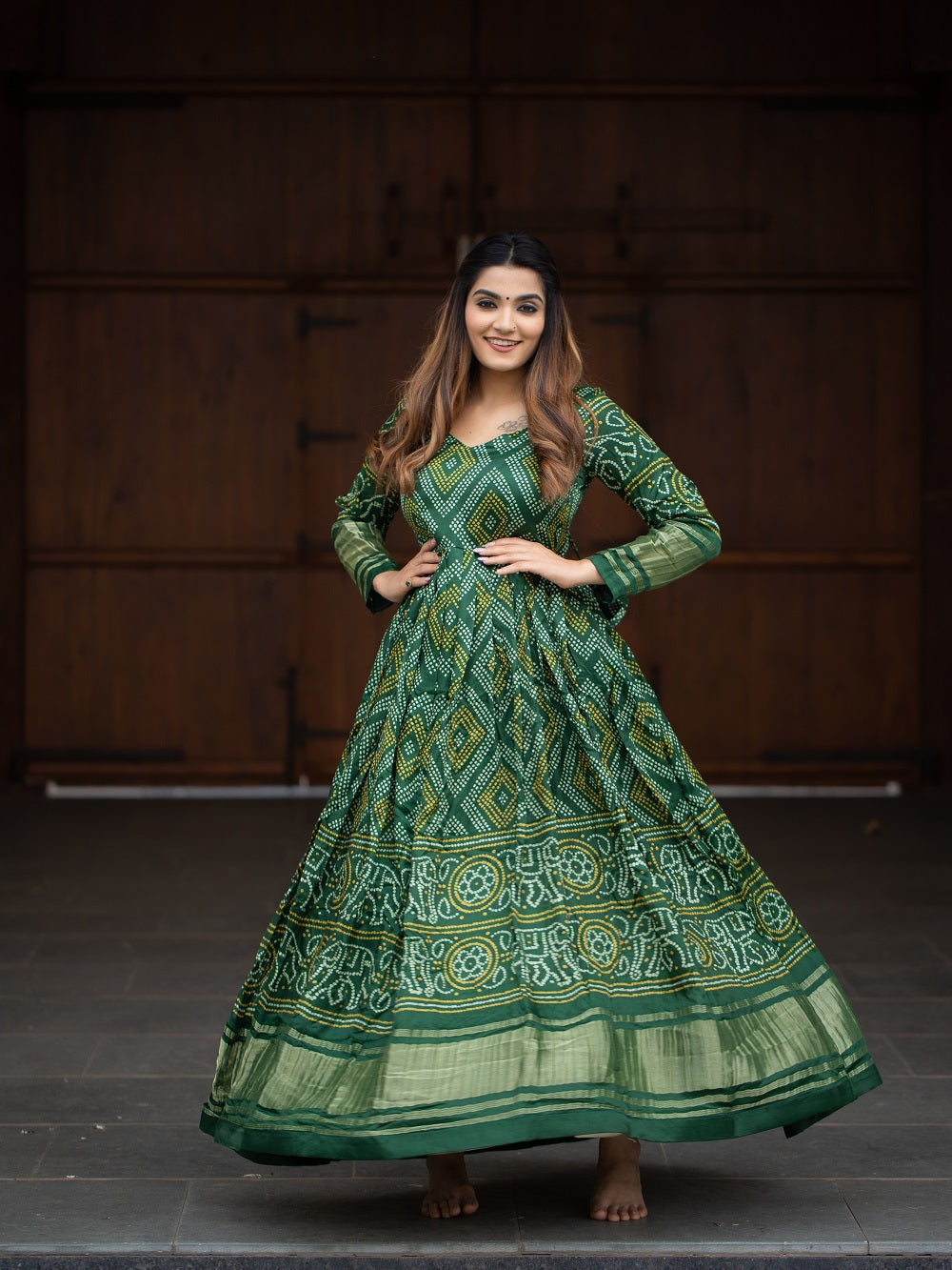 Green Color Digital Bandhej Printed Pure Gaji Silk Gown