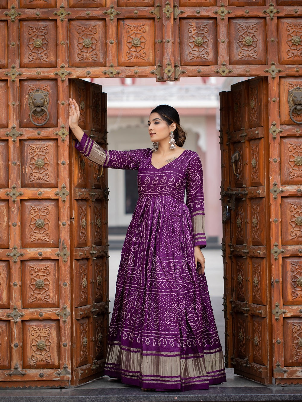 Wine Color Digital Bandhej Printed Pure Gaji Silk Beautiful Gown