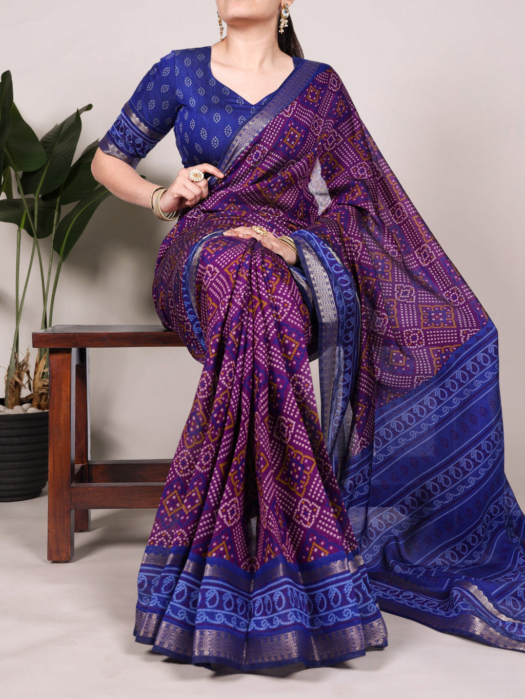 Purple Bandhej Print Chanderi Saree with Zari Weaving Work