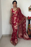 Delightful  1-Minute Ready To Wear Red Cotton Silk Saree