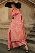Peach Elegant Banarasi Silk Saree with Zari Weaving Blouse Pieces