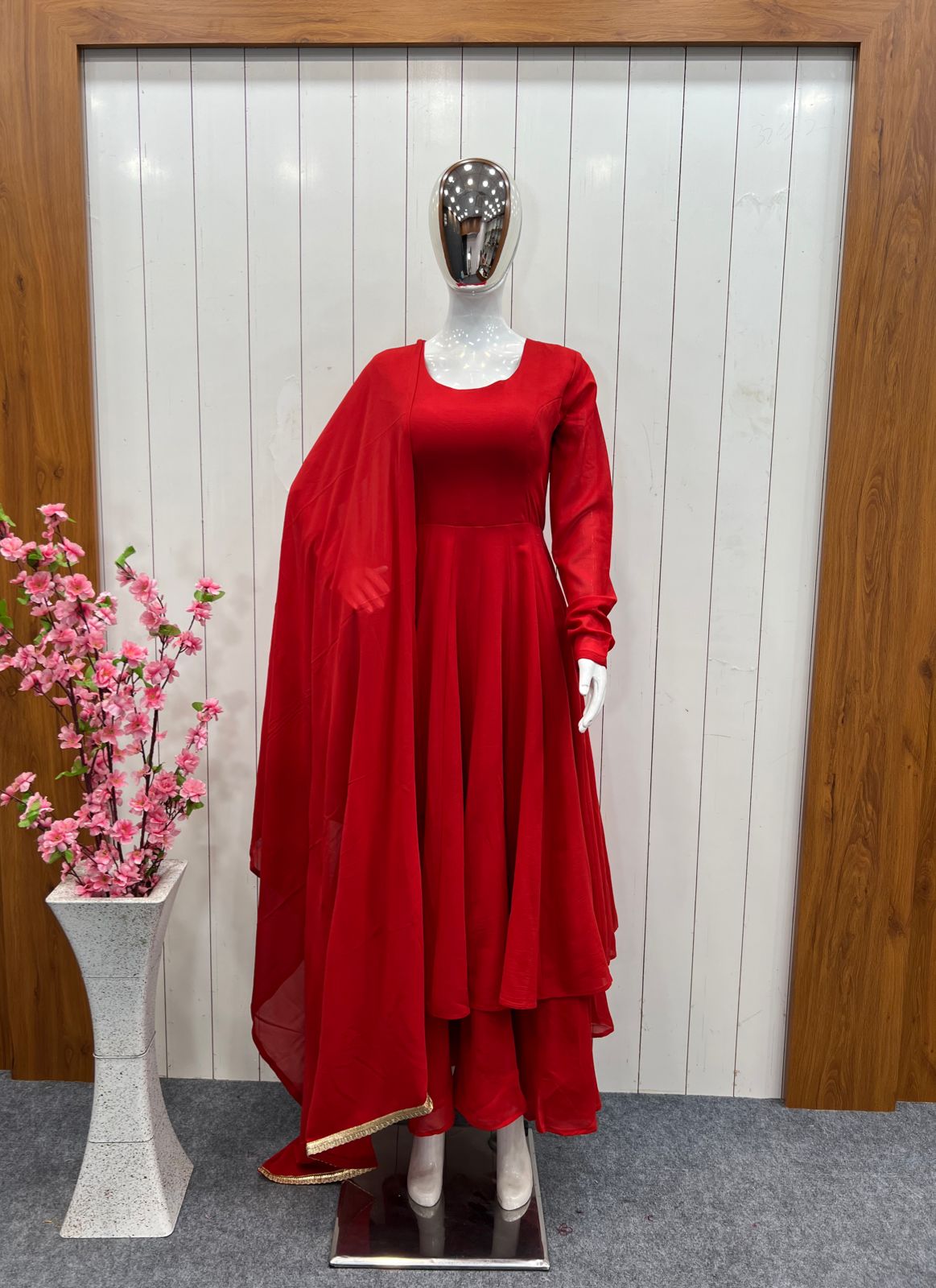 Red Faux Georgette Plain Gown With Dupatta