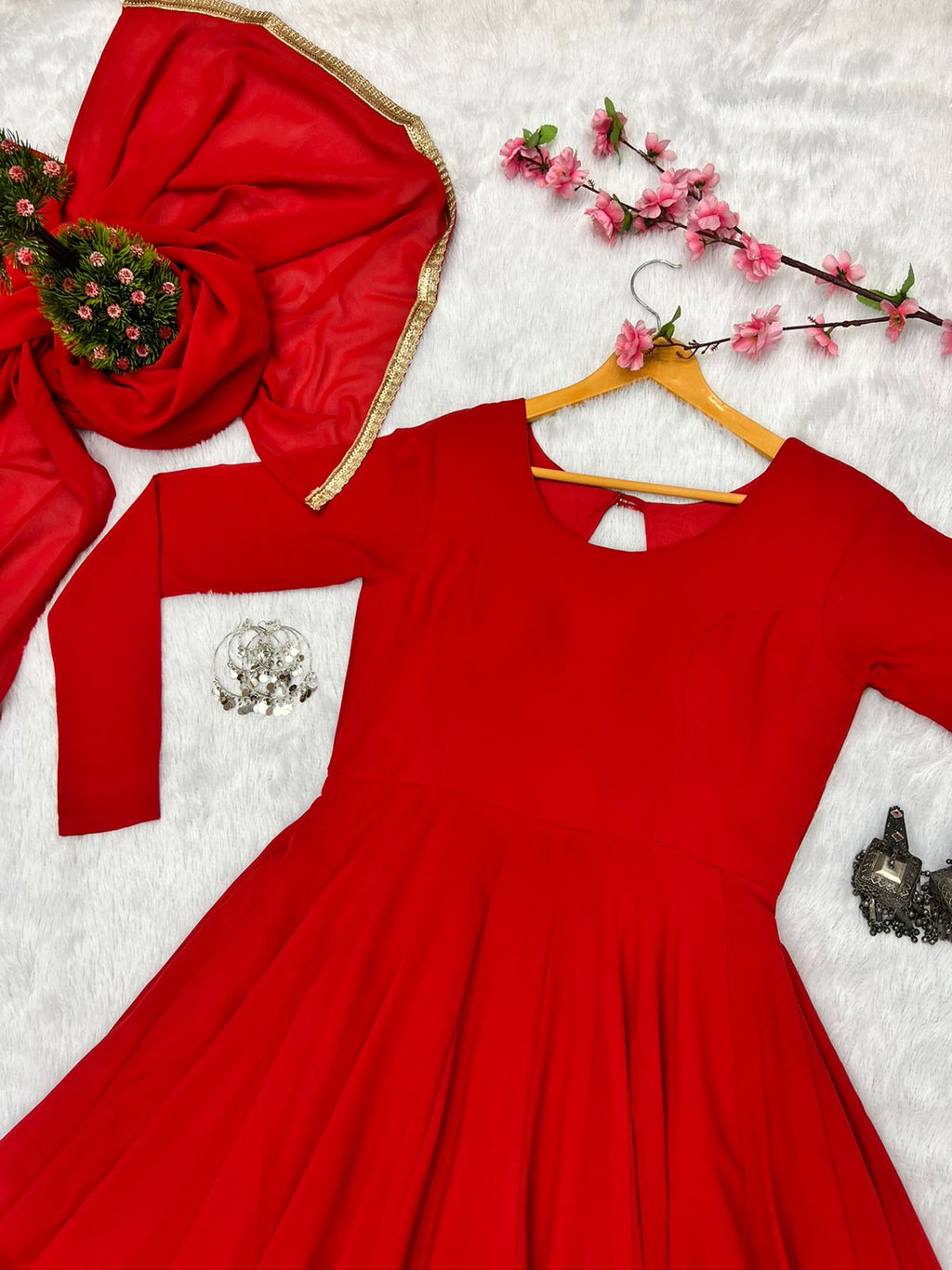 Red Faux Georgette Plain Gown With Dupatta