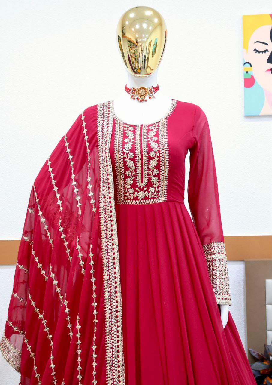 Red Gown in Faux Georgette with Embroidery Sequence Work