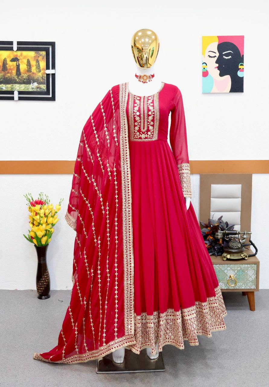 Red Gown in Faux Georgette with Embroidery Sequence Work