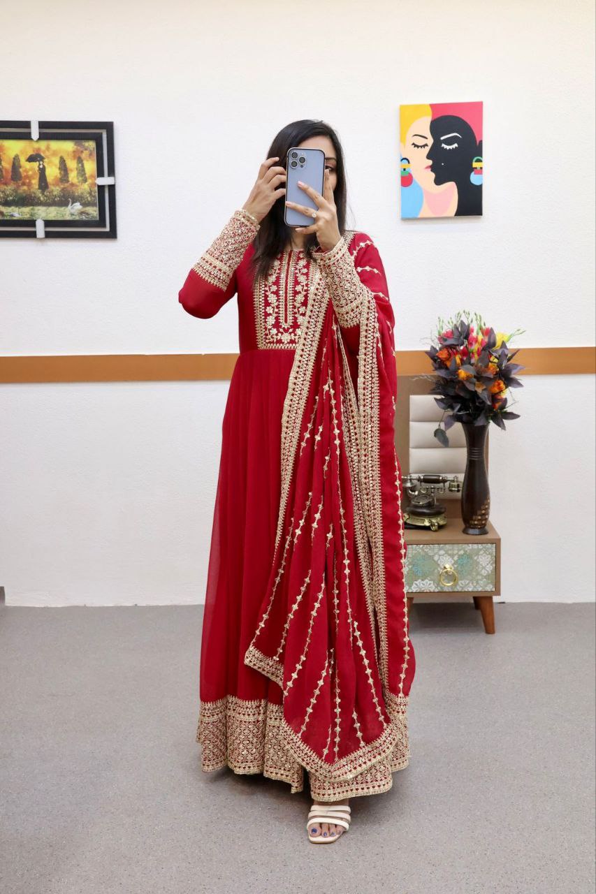 Red Gown in Faux Georgette with Embroidery Sequence Work