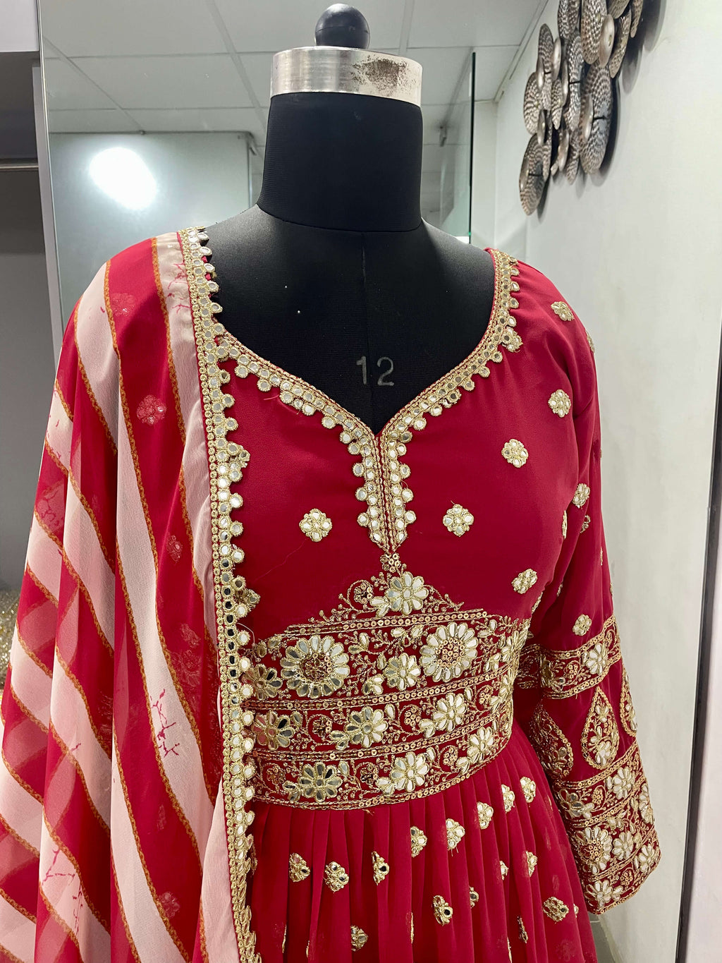 Red Gown in Georgette With Foil Mirror Work