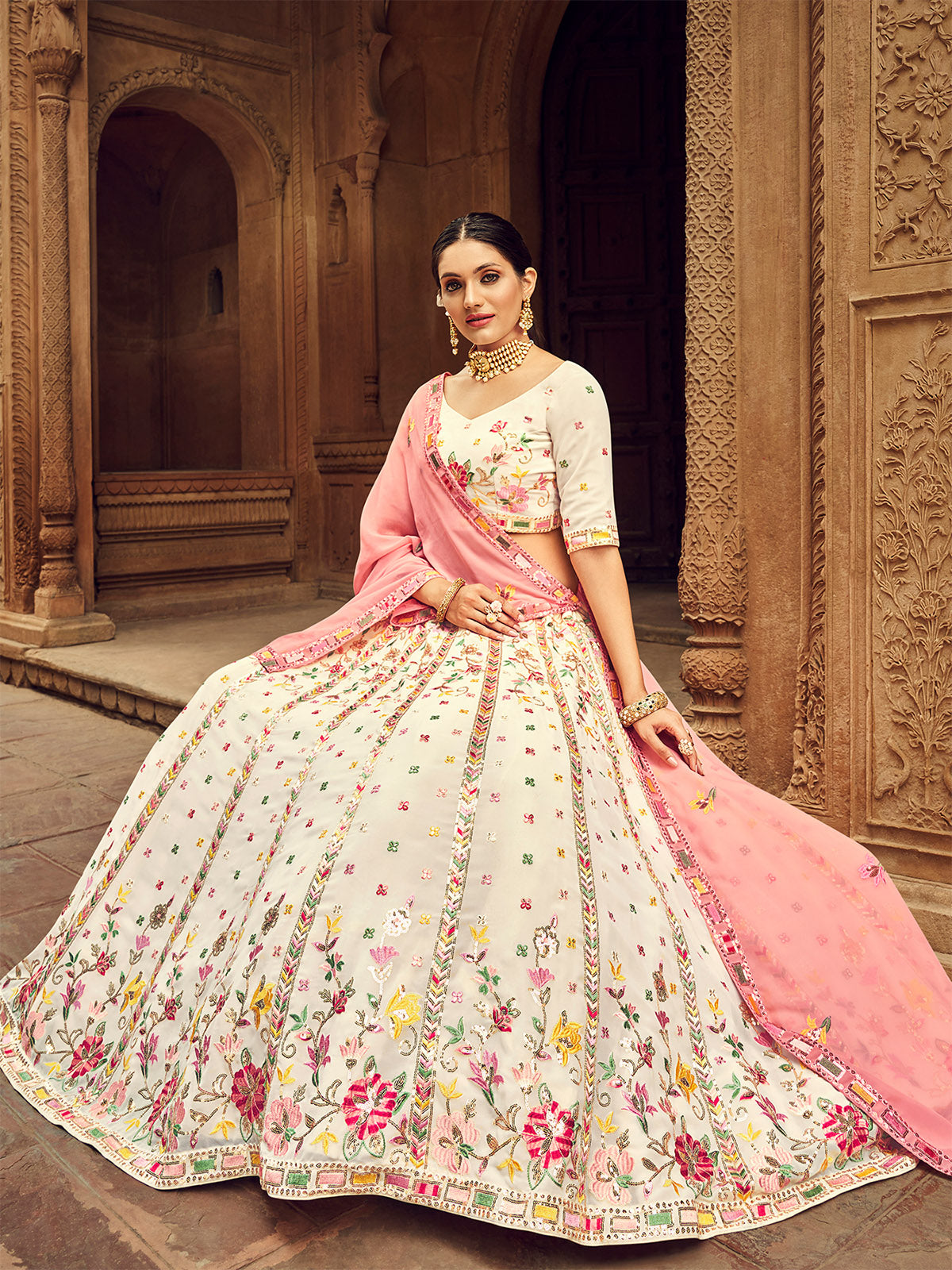 Beige Thread And Sequins Embroidered Georgette Festive & Party Wear Semi Stitched Lehenga