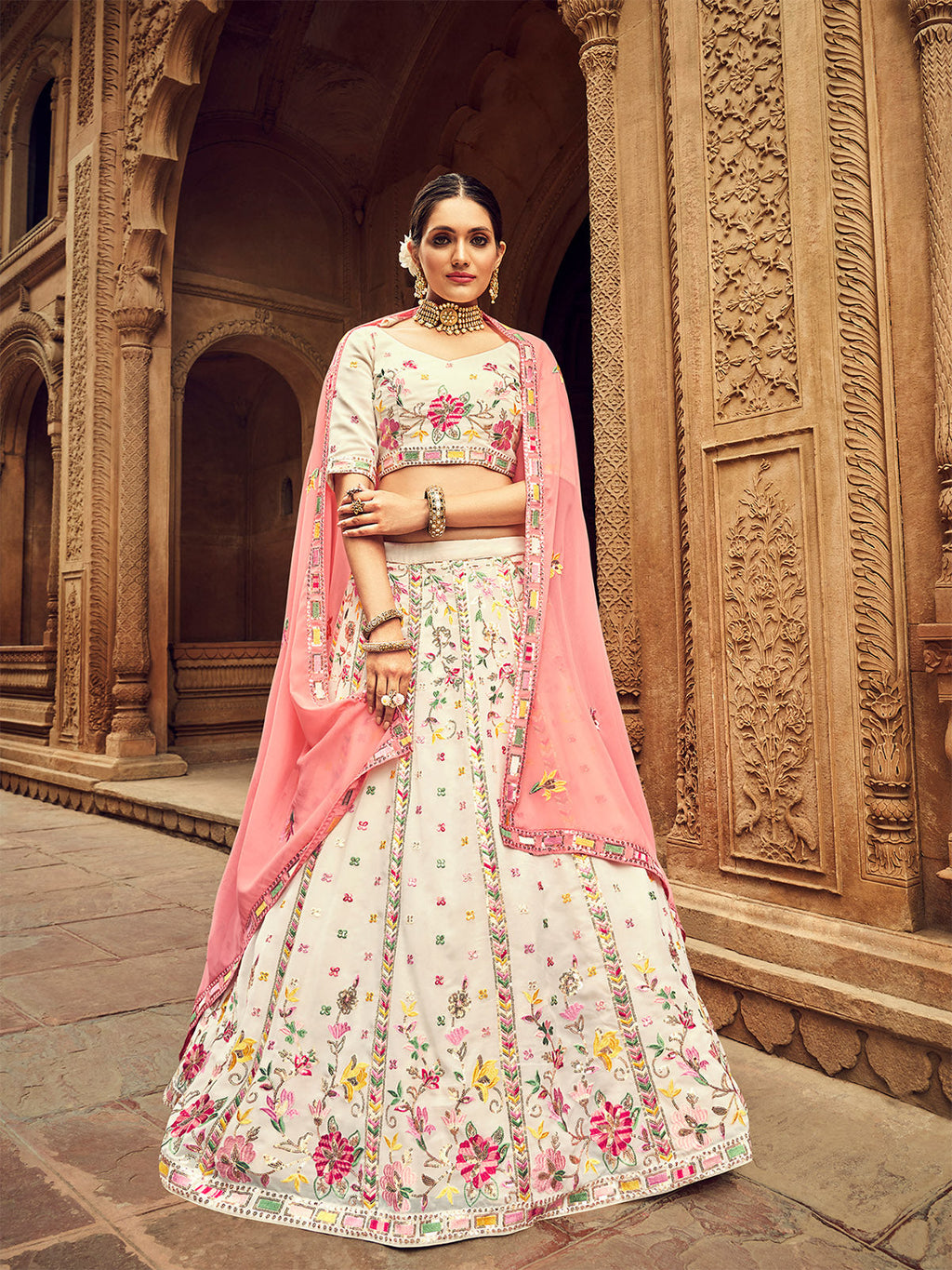 Beige Thread And Sequins Embroidered Georgette Festive & Party Wear Semi Stitched Lehenga