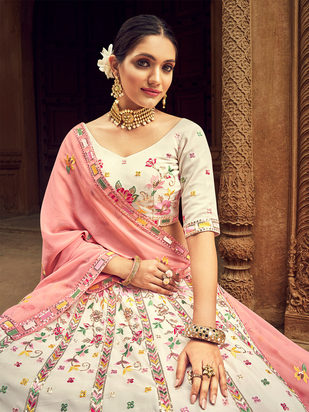 Beige Thread And Sequins Embroidered Georgette Festive & Party Wear Semi Stitched Lehenga