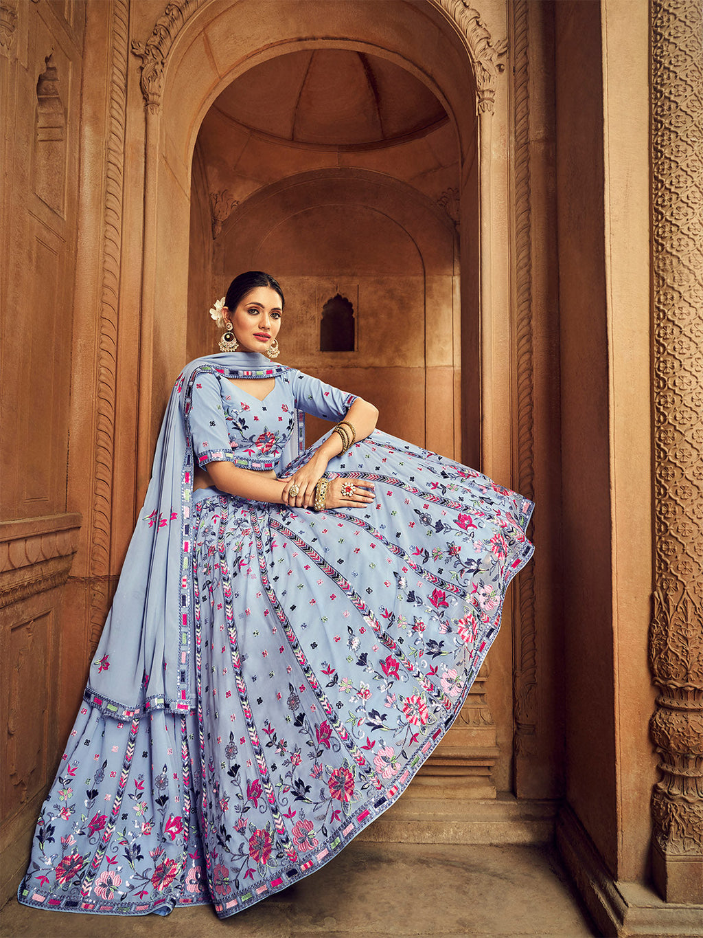 Sky Blue Thread And Sequins Embroidered Georgette Festive & Party Wear Semi Stitched Lehenga
