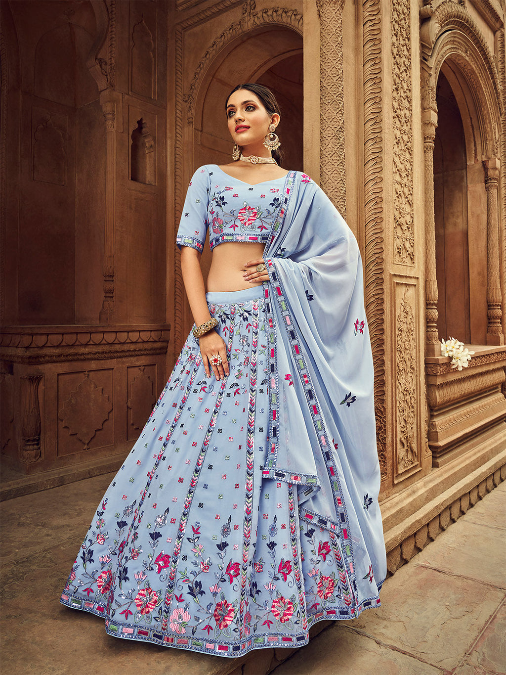 Sky Blue Thread And Sequins Embroidered Georgette Festive & Party Wear Semi Stitched Lehenga