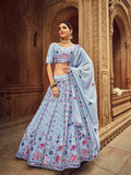 Sky Blue Thread And Sequins Embroidered Georgette Festive & Party Wear Semi Stitched Lehenga