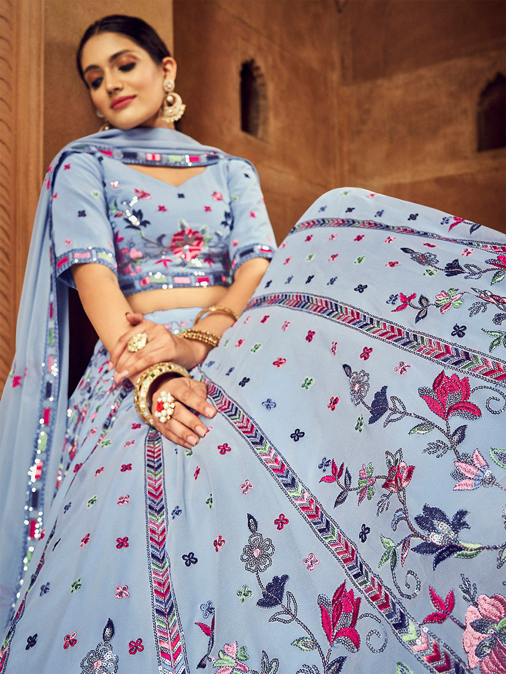 Sky Blue Thread And Sequins Embroidered Georgette Festive & Party Wear Semi Stitched Lehenga