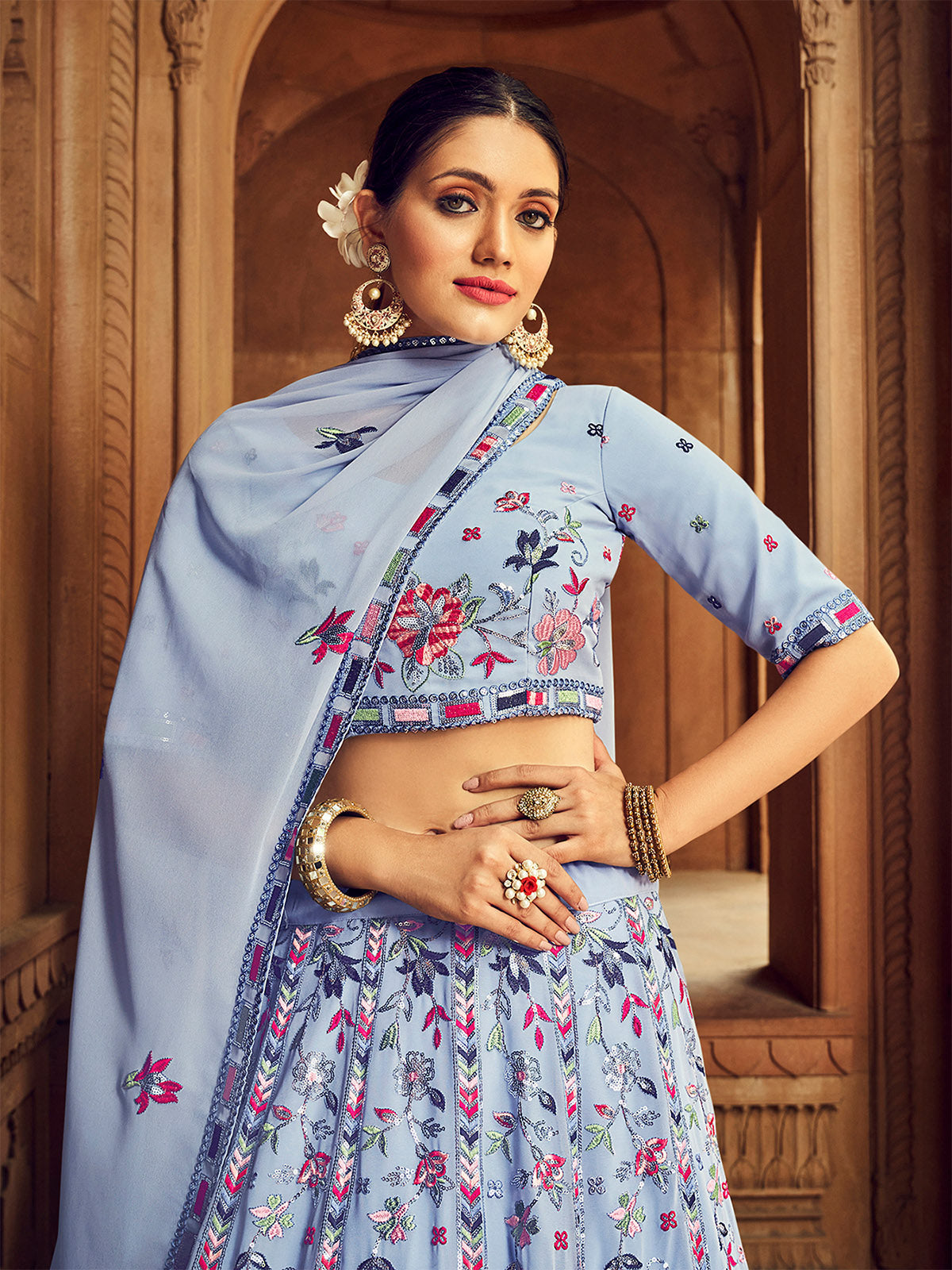 Sky Blue Thread And Sequins Embroidered Georgette Festive & Party Wear Semi Stitched Lehenga