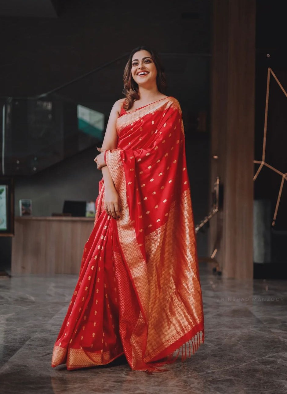 Cynosure Red Soft Banarasi Silk Saree With Demesne Blouse Piece