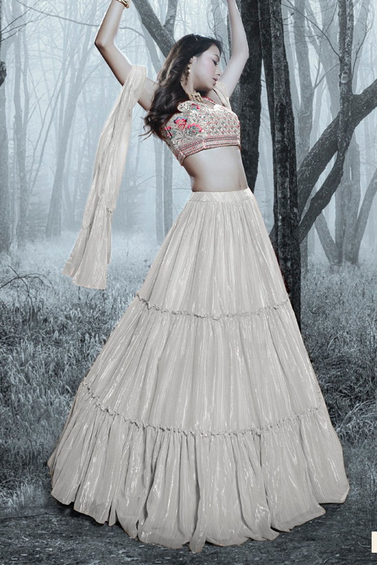 Silver Art Silk Ruffle Lehenga Choli For Indian Festivals & Weddings - Thread Embroidery Work, Handwork Work