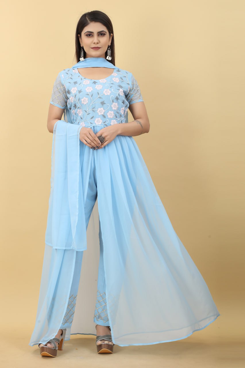 Sky Blue Salwar Suit in Georgette with Embroidery Work