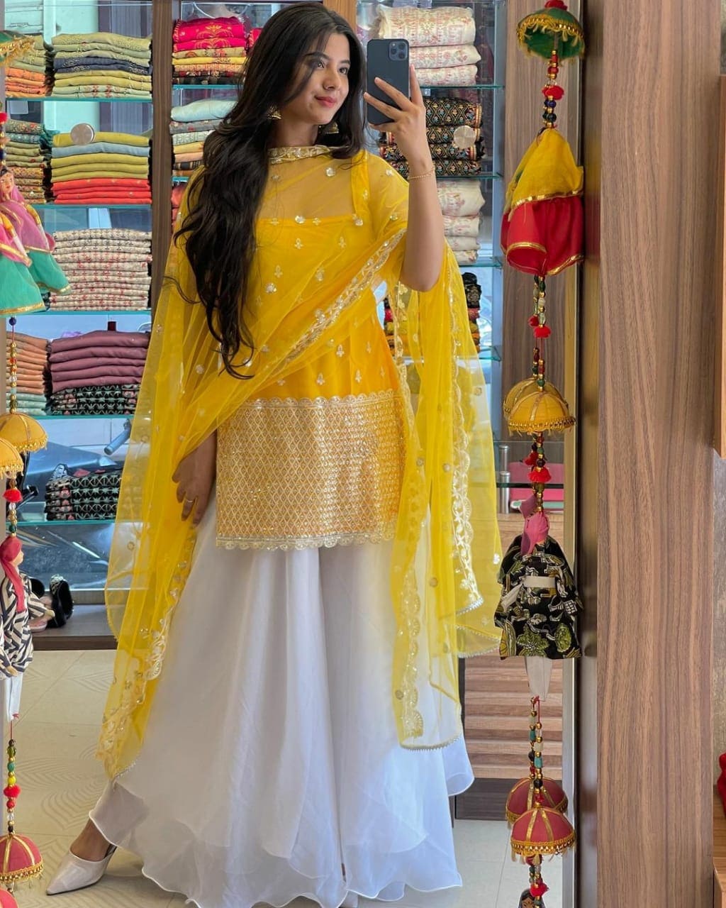 Sleeveless Sequins Work Yellow Palazzo Suit Set
