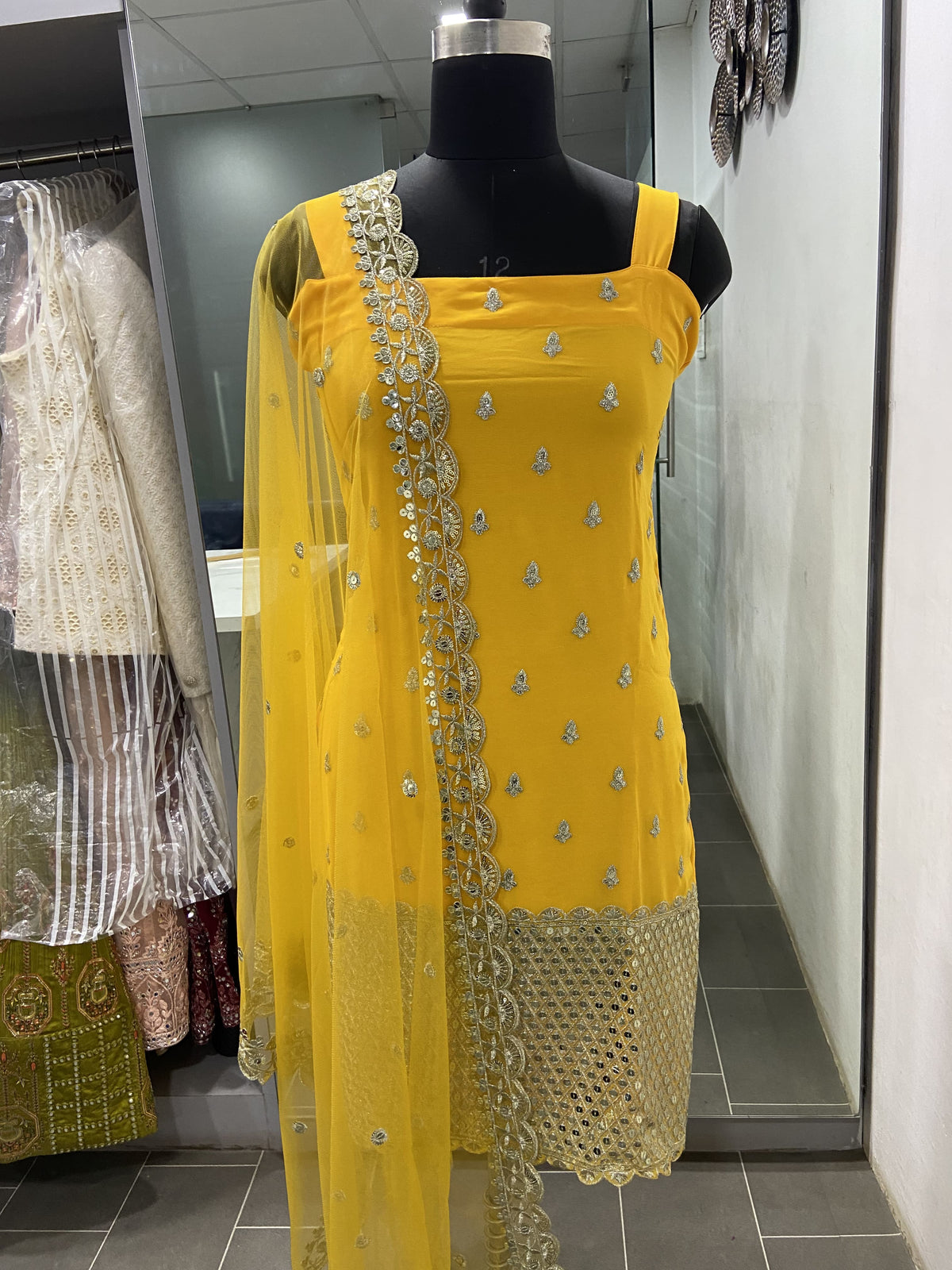 Sleeveless Sequins Work Yellow Palazzo Suit Set