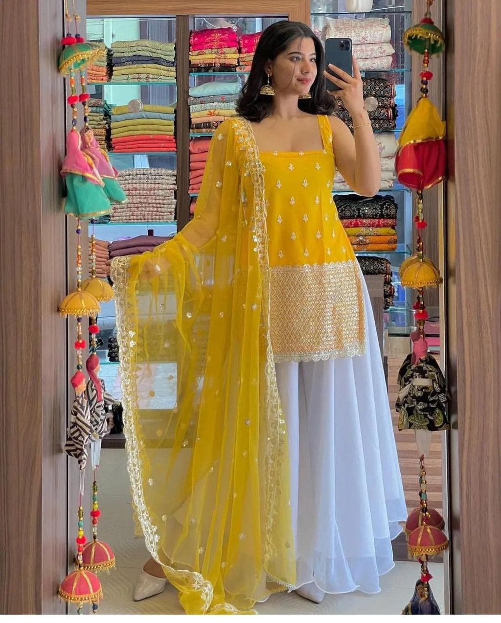 Sleeveless Sequins Work Yellow Palazzo Suit Set