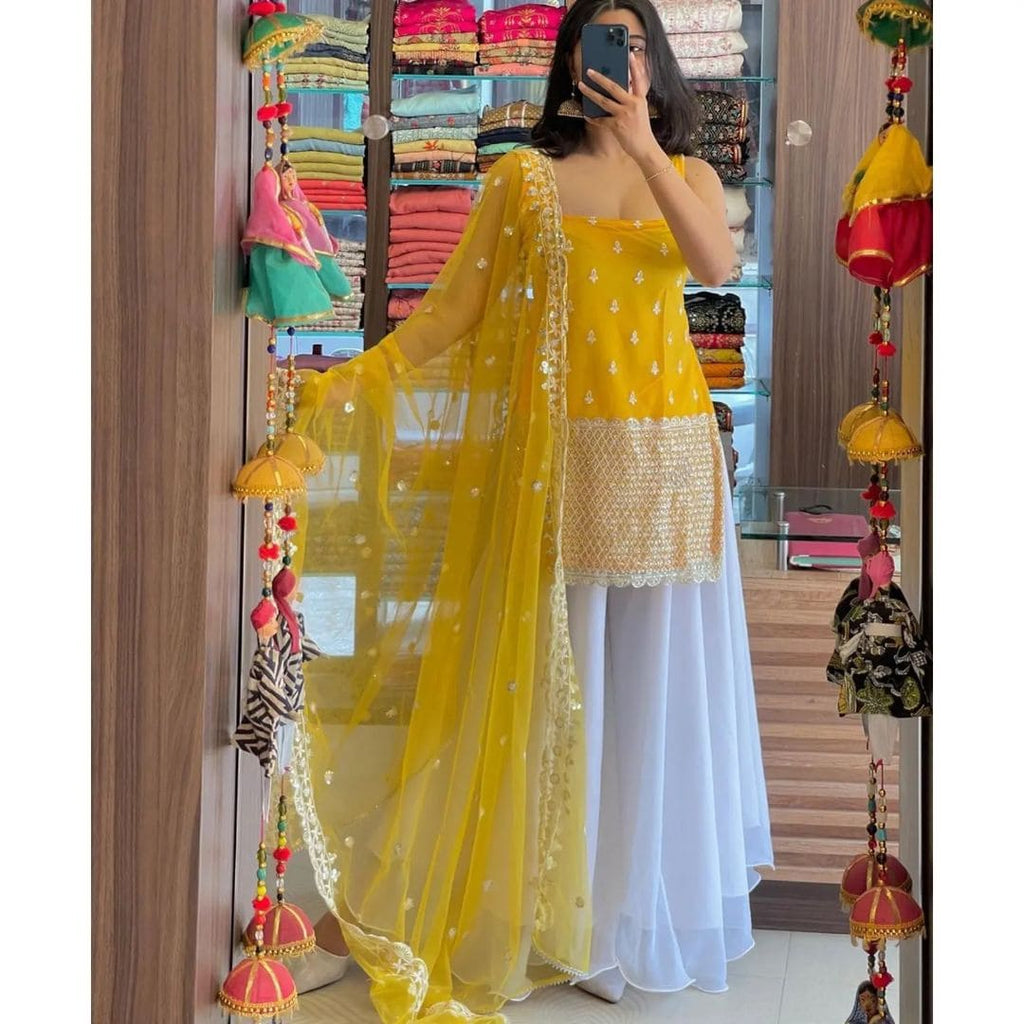 Sleeveless Sequins Work Yellow Palazzo Suit Set