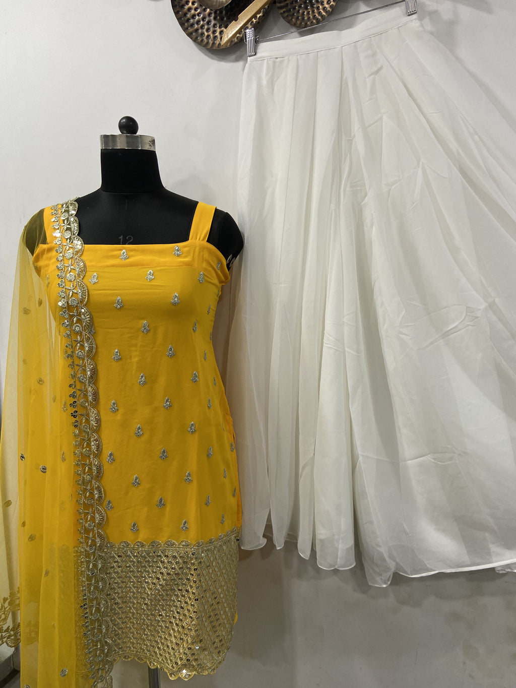 Sleeveless Sequins Work Yellow Palazzo Suit Set