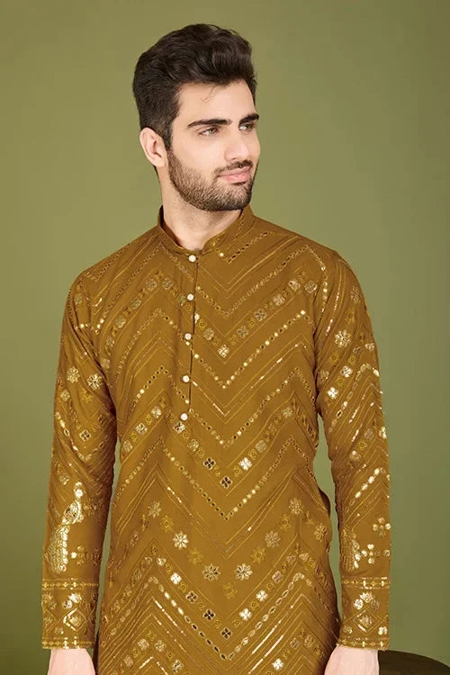 Yellow Viscose Rayon Men's Kurta with Thread & Sequence Work