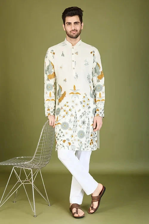 White Viscose Rayon Designer Kurta for Men
