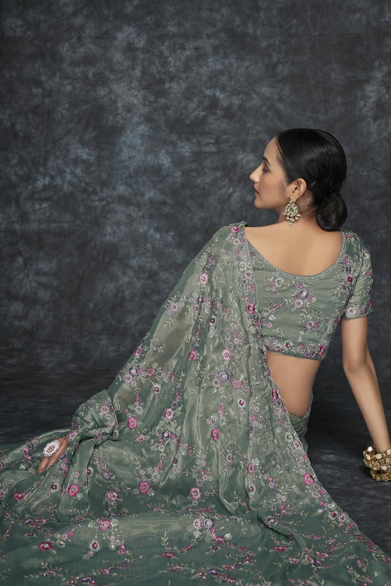 Organza Embroidered Olive Color Classic Saree