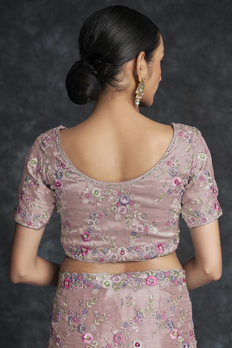 Organza Embroidered Traditional Saree In Peach Color