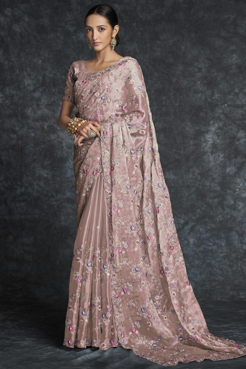 Organza Embroidered Traditional Saree In Peach Color
