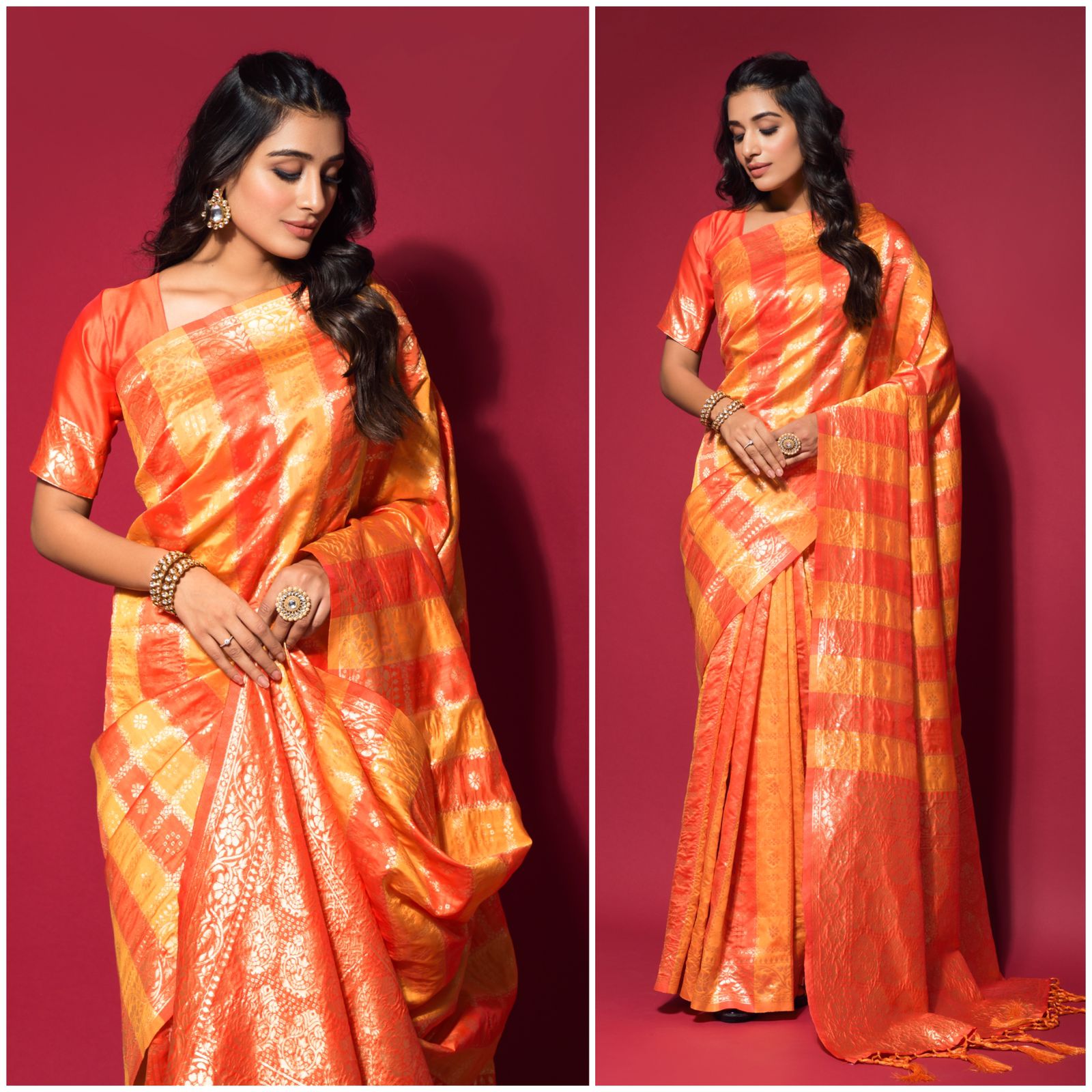 Orange Silk jacquard Saree with Zari weaving Work