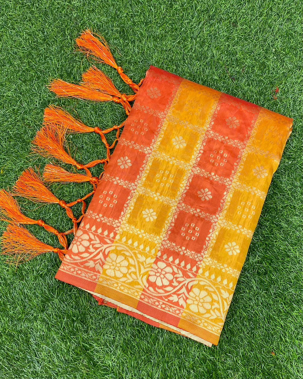 Orange Silk jacquard Saree with Zari weaving Work