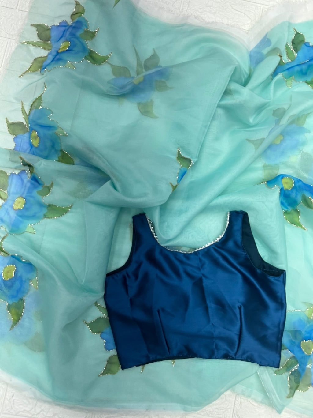 Party Wear Floral Printed Aqua Green Color Hand Work Organza Saree