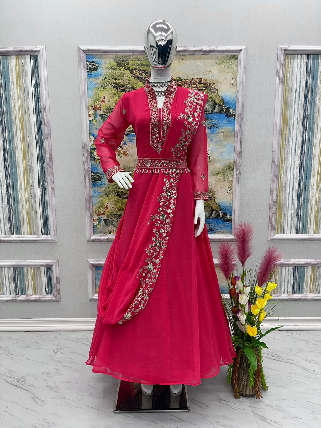 Presenting  Embroidery Work Pink Color Gown