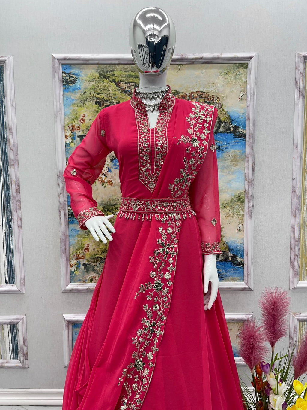 Presenting  Embroidery Work Pink Color Gown