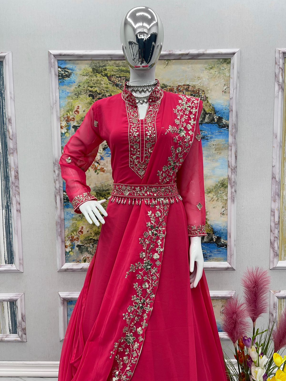 Presenting  Embroidery Work Pink Color Gown