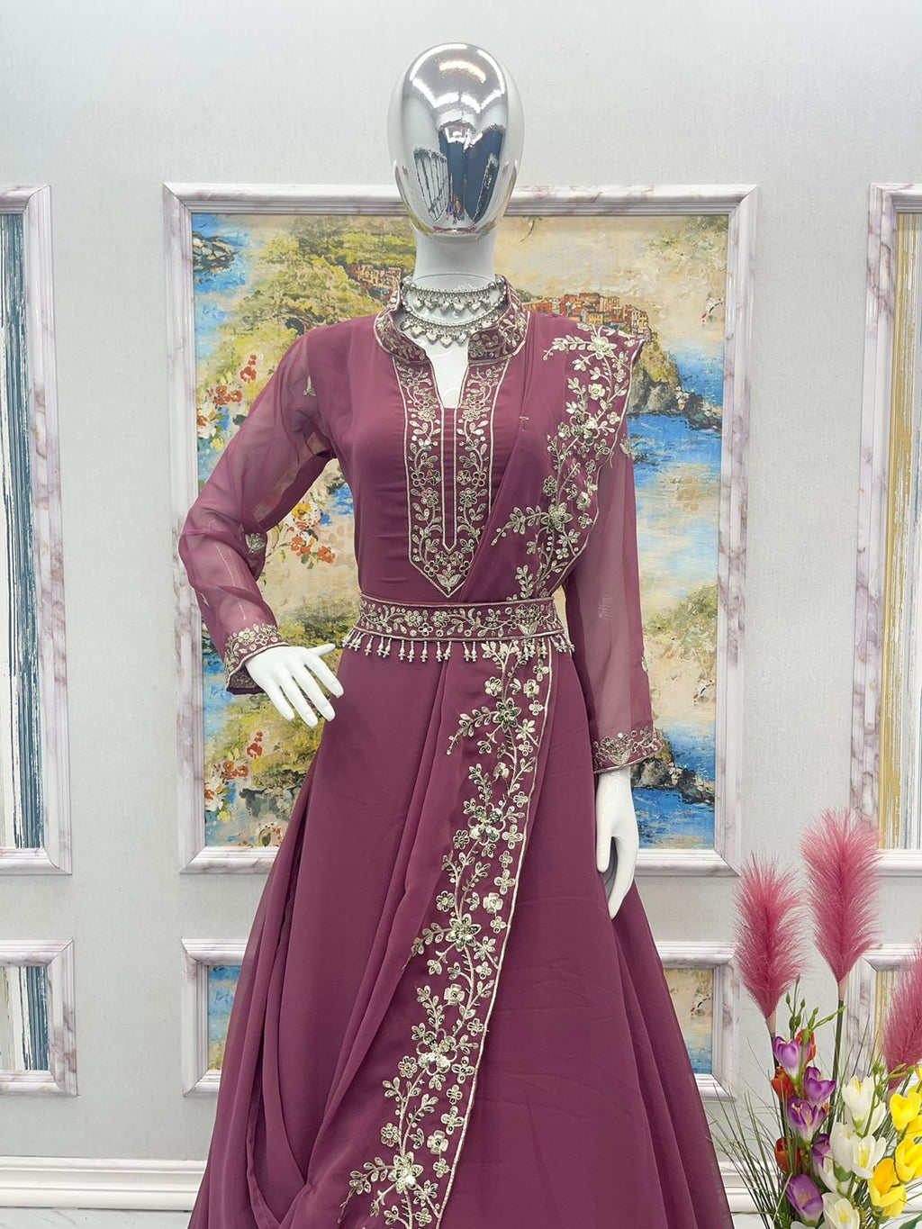 Excellent Embroidery Work Dusty Pink Color Gown