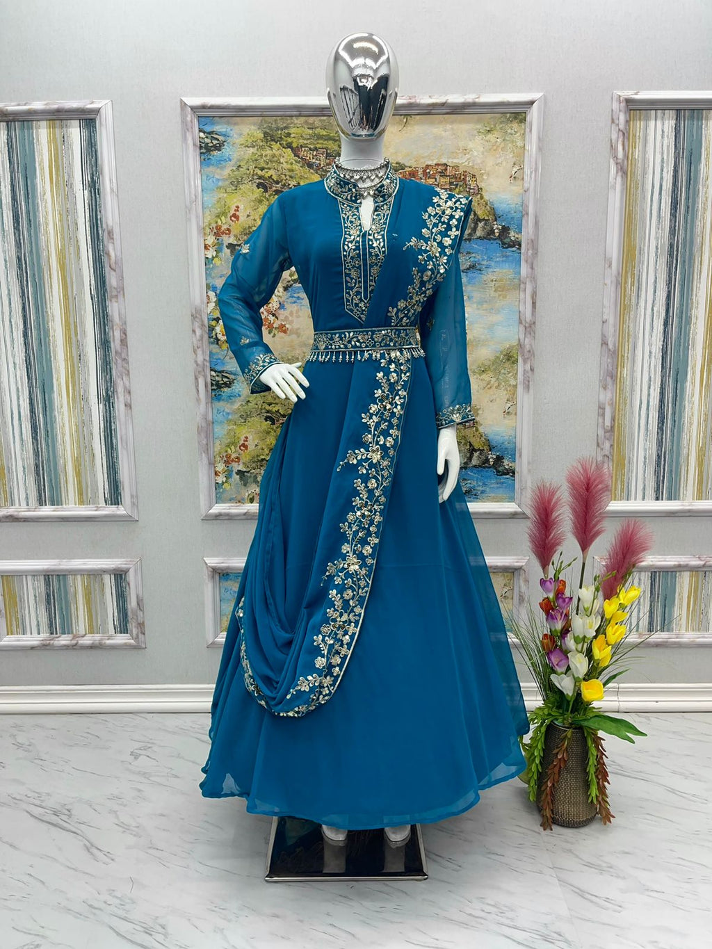 Fascinating Embroidery Work Teal Blue Color Gown