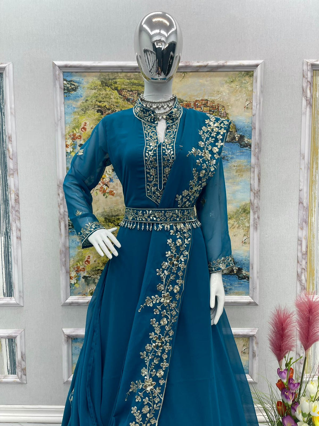 Fascinating Embroidery Work Teal Blue Color Gown