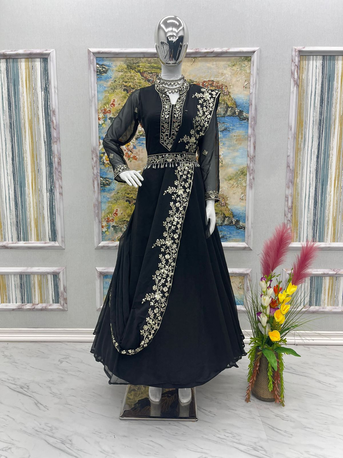 Adorable Embroidery Work Black Color Gown