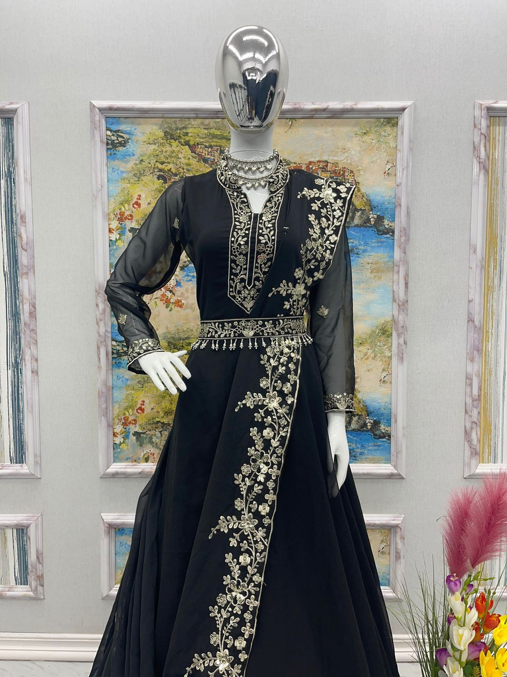 Adorable Embroidery Work Black Color Gown